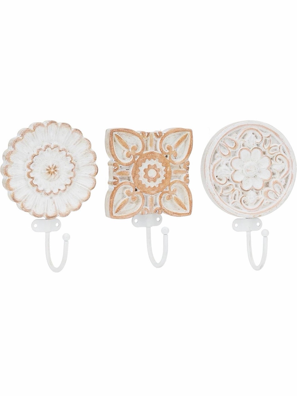 Decorative bohemian coat hooks - White & Tan Wall Hooks - Set of 3